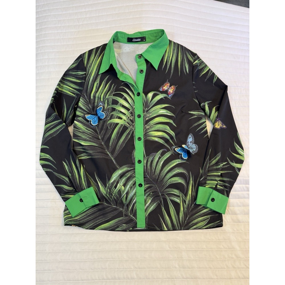 Kosmios Tropical Palm Leaf 3D Butterfly Button Down Shirt Green Black S